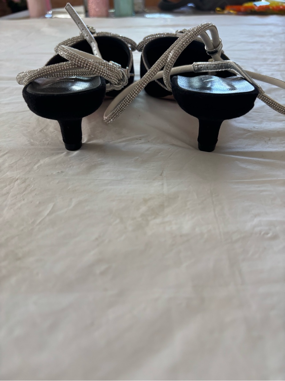 NWOT Noble Only Black Silver Rhinestone Bow Lace Up kitten Heel Sandals SZ 10 - Picture 9 of 15